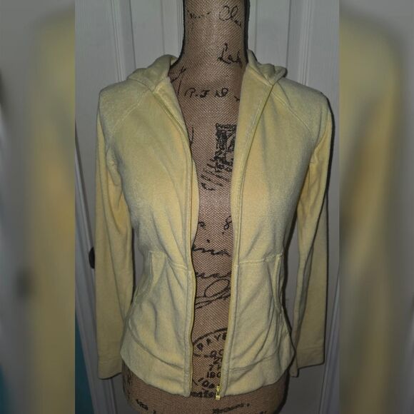 Vintage Y2K Express Yellow Velour Zip-Up Hoodie Sweatshirt - Picture 2 of 3